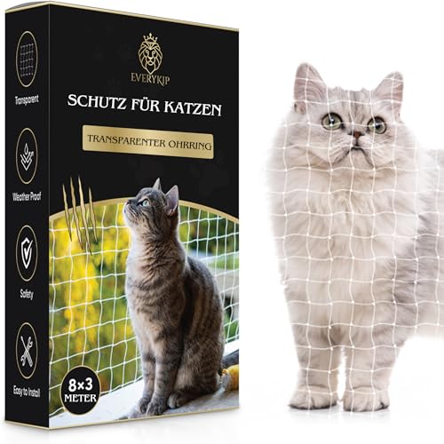 EveryKip® Katzennetz für Balkon & Fenster (durchsichtig) | Extragroßes 8x3m Katzenschutz-Netz ohne Bohren | Balkonschutz Inkl. 25m Befestigungsseil | Balkonnetz besonders transparent & sicher von EveryKip