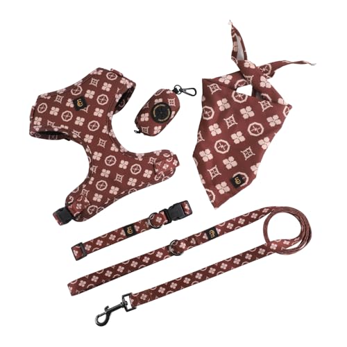 Verstellbares Hundegeschirr, Leine, Kotbeutelhalter/Spender und Bandana-Set, kein Ziehen, weiches Netz-Polsterung, für kleine/mittelgroße Hunde, Spaziergänge/Laufen im Freien (Größe XS, Chewy Pawtton) von Everything Chic