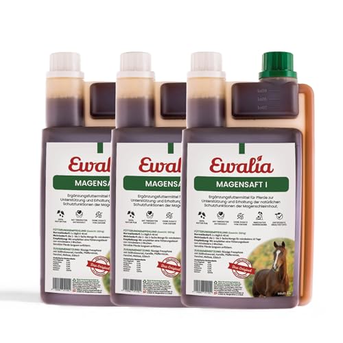 NEU! EWALIA Magensaft I - Beruhigendes Ergänzungsfuttermittel für Pferde, Förderung des allgemeinen Wohlbefindens, Unterstützung der Magenschleimhaut, mit Tierärzten entwickelt, 3x1 Liter von Ewalia