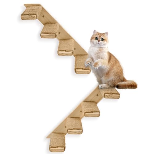 Ewenono Katzen-Wandregal mit 4 Stufen, Katzentreppe für die Wand, Katzenkletterregal mit Sisalseil zum Kratzen. Eine stärkere Katzenwandstufe, Katzenleiter, Möbel und Kratzbaum-Zubehör von Ewenono