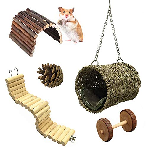 Ewolee 5 Stück Hamster Vogel Nest Natürliche Gras Tunnel Schlafplatz,Kletter Holz Leiter Große Swing Vogel Spielzeug,Kleines Haustier Hängematte von Ewolee