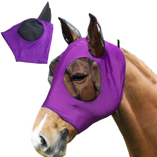 Anti-Fliegen-Pferdemaske, Comfort Stretchy Fly Mask, Atmungsaktives Mesh, mit Ohrenschützerschutz, Dehnbare Pferdefliegenmaske, Fliegenmaske für Pferde, Anti-UV, Anti-Mücken (Lila) von Exbrith