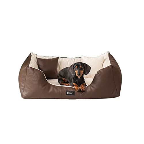 exclusive BED Orthopädisches Hundebett Eden Grosse Mittelgroße Kleine Hunde - Hundekissen Hundematte aus Öko-Leder + Alcantara-Stoff - Schmerzlindernd Abriebfest Reißfest (XL, Braun-cremefarben) von exclusive BED