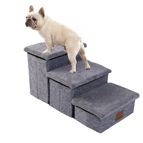 Exeterlith Hundetreppe für kleine Hunde, 2-stufige Hundetreppe für hohe Betten und Couch, rutschfeste faltbare Haustiertreppe für kleine Hunde und Katzen, Hundebett Treppe, Grau, 2/3 Stufen (Grau, 3 von Exeterlith