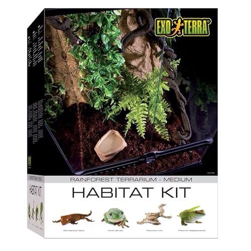 Exo Terra Rainforest Habitat Kit, Terrarien Starter Set Regenwald, inkl. Abdeckung, Thermometer, Hygrometer, 2 künstlichen Pflanzen, Bodengrund, Wassernapf, 2 Lianen, 45 x 45 x 60cm von Exo Terra