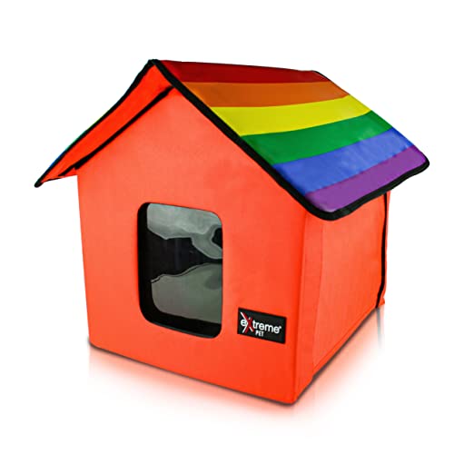 ECP Katzenhaus für drinnen und draußen, mit Timer-Steuerung, Fleece-Heizkissen, Spanngurte für sichere Platzierung, zwei Ausgänge und wasserdichtes Dach, Orange/Regenbogen von Extreme Consumer Products