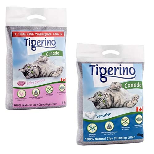 Extremely Tigerino Canada Katzenstreu - Babypowderduft 6kg & Sensitive 6kg: 100% natürlicher Ton, saugfähig, ultra stark klumpend von Extremely