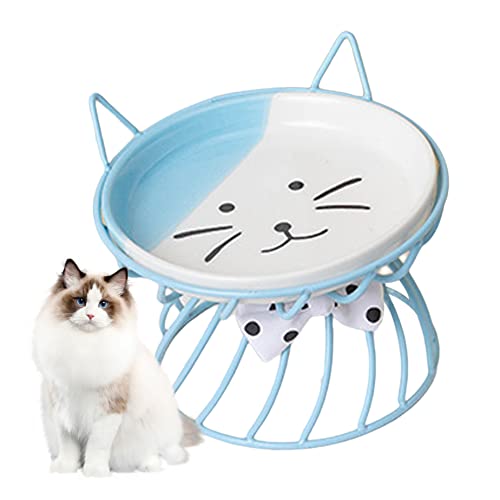 1pc Cat Food Bowl Keramikkatze Schüssel mit Ständer erhöhte Katzenschalen süße Katze Angehobene Fütterungsteller erhöhte Haustierschale für Katzenhund -Futterschale Blau. von Eyccier