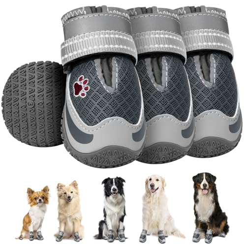 Eyein 2 Stück Hundeschuhe, Masche Atmungsaktiv Hundeschuhe Pfotenschutz mit Rutschfester Sohle für heiße Sommerböden, Reflektierende Hundeschuhe für nächtliche Spaziergänge im Freien, Grau, Größe 1 von Eyein