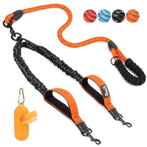 Eyein Doppelleine für 2 Hunde, Hundeleine für große Hunde, Flexible und reflektierende verhedderungsfreie Hundeleine mit 2 gepolsterten Griffen für Hunde von 11 bis 68 kg (Orange) von Eyein