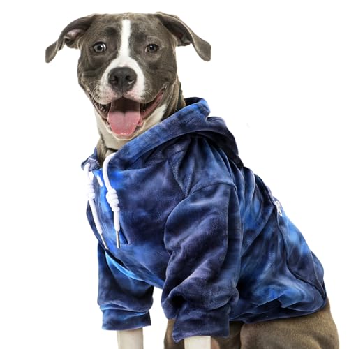 Eyein Hunde Hoodie für kleine mittlere und große Hunde, Warmer Flanell Hunde Kapuzenpulli mit Taschen und Leine Portal, Weiche Hundebekleidung für Frühling Herbst Winter, Blau-Grau Tie Dye, XXL von Eyein