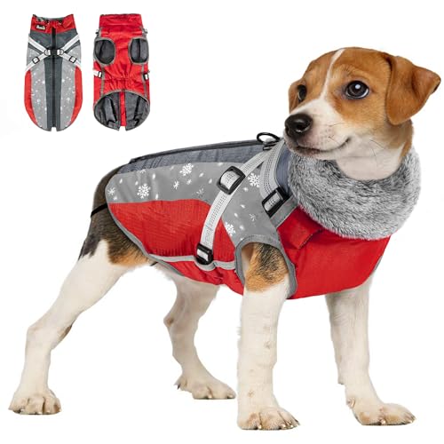 Eyein Hundemantel Winter, Wasserdichter Fleece Hundemantel mit Geschirr für kleine, mittlere und große Hunde, reflektierende verstellbare Welpenweste für Spaziergänge im Freien (Rot, M) von Eyein