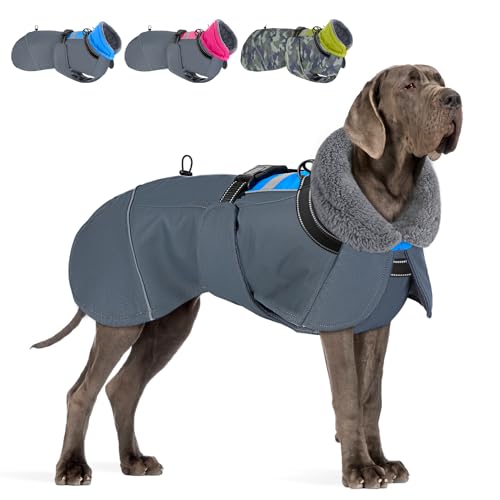 Eyein Hundemantel Winter für Große Hunde, Wasserdicht Hundejacke mit warmem Fleecefutter und Halsband, Winddichter Wintermantel Hund mit Bauchschutz und Verstellbarem Brustriemen, Blau, XL von Eyein