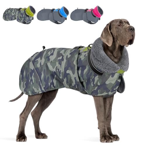 Eyein Hundemantel Winter für Große Hunde, Wasserdicht Hundejacke mit warmem Fleecefutter und Halsband, Winddichter Wintermantel Hund mit Bauchschutz und Verstellbarem Brustriemen, Grün, XL von Eyein