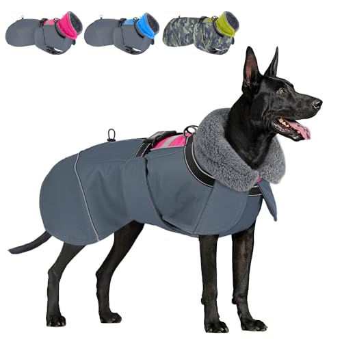 Eyein Hundemantel Winter für Große Hunde, Wasserdicht Hundejacke mit warmem Fleecefutter und Halsband, Winddichter Wintermantel Hund mit Bauchschutz und Verstellbarem Brustriemen, Rose, XL von Eyein