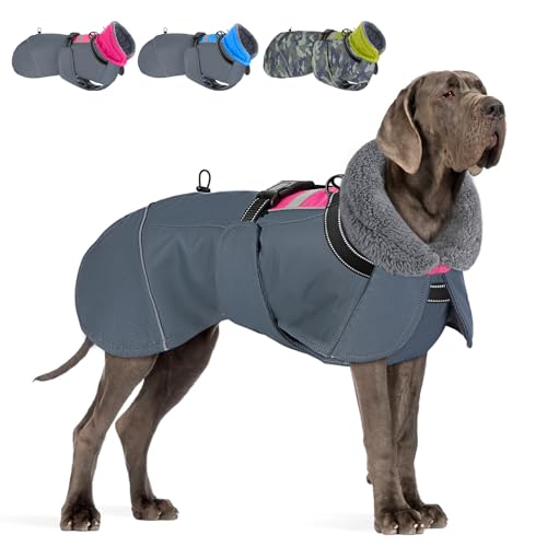 Eyein Hundemantel Winter für Große Hunde, Wasserdicht Hundejacke mit warmem Fleecefutter und Halsband, Winddichter Wintermantel Hund mit Bauchschutz und Verstellbarem Brustriemen, Rose, XXL von Eyein