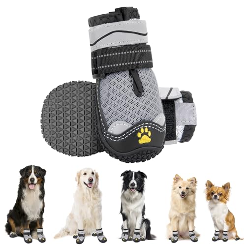 Eyein Hundeschuhe Pfotenschutz, 2 Stück atmungsaktiv Hundeschuhe mit Rutschfester Sohle und reflektierendem Klettverschluss für kleine, mittlere und große Hunde, Sport im Freien, Grau, Größe 5 von Eyein