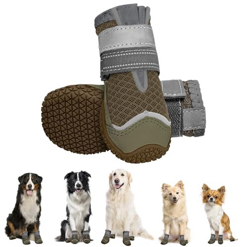 Eyein Hundeschuhe Pfotenschutz, 2 Stück atmungsaktiv Hundeschuhe mit Rutschfester Sohle und reflektierendem Klettverschluss für kleine, mittlere und große Hunde, Sport im Freien, Braun, Größe 1 von Eyein