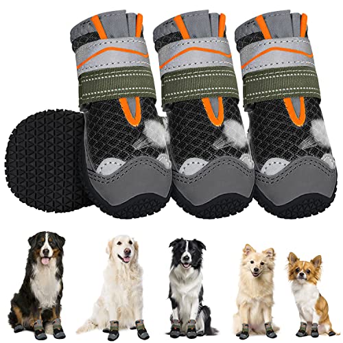 Eyein Hundeschuhe Pfotenschutz, 4 Stück Breathable Hundeschuhe mit Rutschfester Sohle und reflektierendem Klettverschluss für kleine, mittlere und große Hunde, Schwarz, Size 4 von Eyein