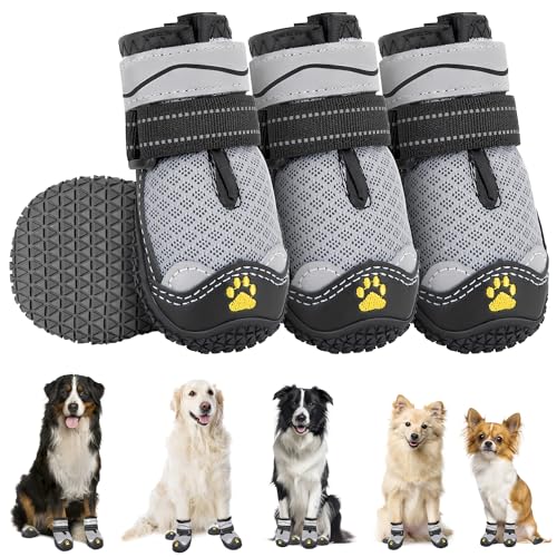 Eyein Hundeschuhe Pfotenschutz, 4 Stück atmungsaktiv Hundeschuhe mit Rutschfester Sohle und reflektierendem Klettverschluss für kleine, mittlere und große Hunde, Sport im Freien, Grau, Größe 4 von Eyein