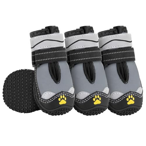 Eyein Hundeschuhe Pfotenschutz, 4 Stück Wasserabweisend Hundeschuhe mit Rutschfester Sohle und reflektierendem Klettverschluss für kleine, mittlere und große Hunde, Sport im Freien, Grau, Größe 7 von Eyein