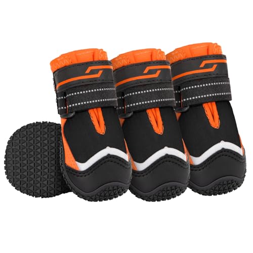 Eyein Hundeschuhe Pfotenschutz, 4 Stück Wasserabweisend Hundeschuhe mit Rutschfester Sohle und reflektierendem Klettverschluss für kleine, mittlere und große Hunde, Sport im Freien, Orange, Größe 6 von Eyein