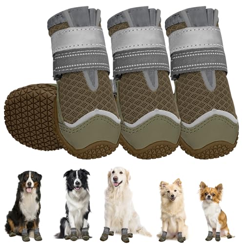 Eyein Hundeschuhe Pfotenschutz, 4 Stück atmungsaktiv Hundeschuhe mit Rutschfester Sohle und reflektierendem Klettverschluss für kleine, mittlere und große Hunde, Sport im Freien, Braun, Größe 0 von Eyein