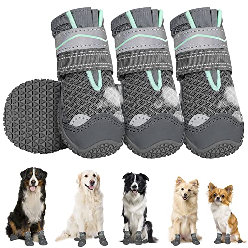 Eyein Hundeschuhe Pfotenschutz, 4 Stück atmungsaktiv Hundeschuhe mit Rutschfester Sohle und reflektierendem Klettverschluss für kleine, mittlere und große Hunde, Sport im Freien, Dunkelgrau, Größe 5 von Eyein