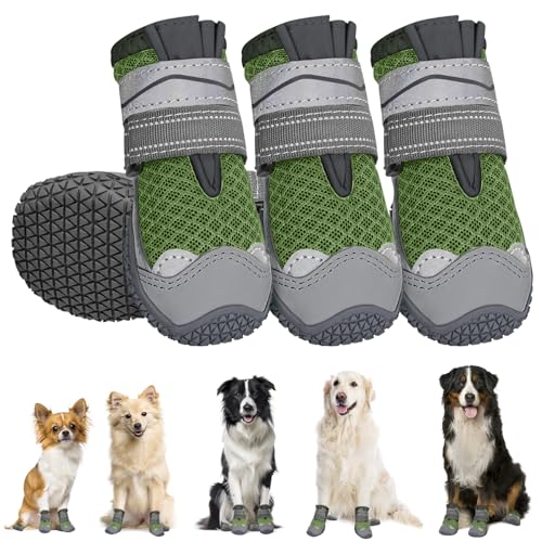 Eyein Hundeschuhe Pfotenschutz, 4 Stück atmungsaktiv Hundeschuhe mit Rutschfester Sohle und reflektierendem Klettverschluss für kleine, mittlere und große Hunde, Sport im Freien, Dunkelgrün, Größe 7 von Eyein