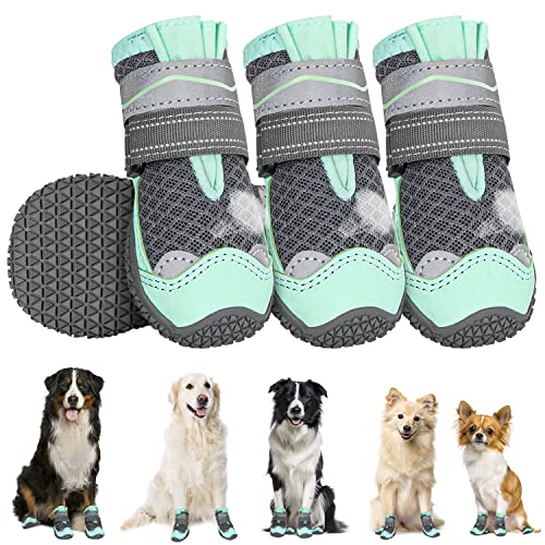 Eyein Hundeschuhe Pfotenschutz, 4 Stück atmungsaktiv Hundeschuhe mit Rutschfester Sohle und reflektierendem Klettverschluss für kleine, mittlere und große Hunde, Sport im Freien, Grün, Größe 0 von Eyein