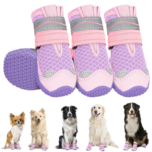 Eyein Hundeschuhe Pfotenschutz, 4 Stück atmungsaktiv Hundeschuhe mit Rutschfester Sohle und reflektierendem Klettverschluss für kleine, mittlere und große Hunde, Sport im Freien, Lila, Größe 0 von Eyein