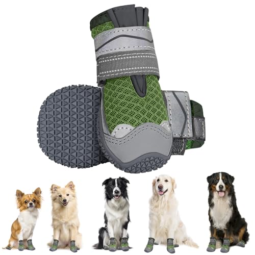 Eyein Hundeschuhe Pfotenschutz, 2 Stück atmungsaktiv Hundeschuhe mit Rutschfester Sohle und reflektierendem Klettverschluss für kleine, mittlere und große Hunde, Sport im Freien, Dunkelgrün, Größe 0 von Eyein