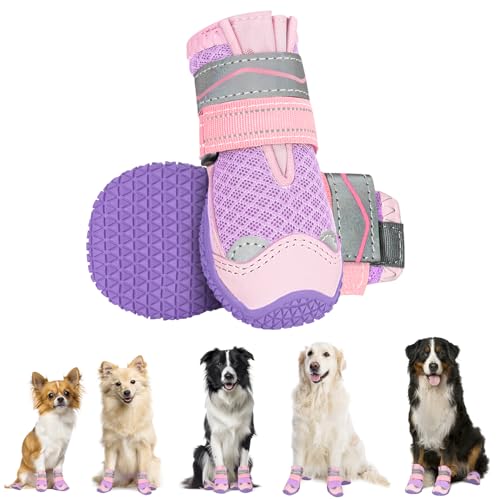 Eyein Hundeschuhe Pfotenschutz, 2 Stück atmungsaktiv Hundeschuhe mit Rutschfester Sohle und reflektierendem Klettverschluss für kleine, mittlere und große Hunde, Sport im Freien, Lila, Größe 0 von Eyein