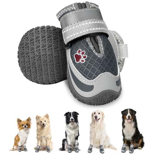 Eyein 2 Stück Hundeschuhe, Masche Atmungsaktiv Hundeschuhe Pfotenschutz mit Rutschfester Sohle für heiße Sommerböden, Reflektierende Hundeschuhe für nächtliche Spaziergänge im Freien, Grau, Größe 0 von Eyein