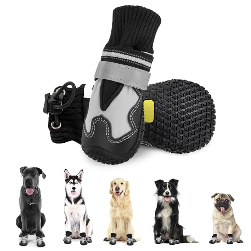 Eyein Hundeschuhe Pfotenschutz Winter, 2 Stück wasserdicht Hundeschuhe mit warmem Fleece und hohem Design, rutschfeste Hunde Schuhe Outdoor mit reflektierendem Klettverschluss, Größe 6 von Eyein