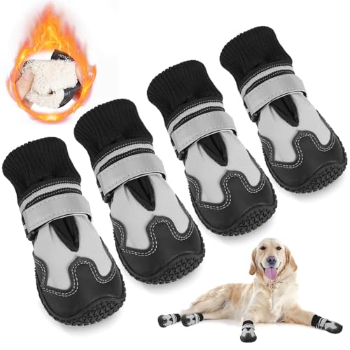 Eyein Hundeschuhe Pfotenschutz Winter, 4 Stück wasserdicht Hundeschuhe mit warmem Fleece und hohem Design, rutschfeste Hunde Schuhe Outdoor mit reflektierendem Klettverschluss, Größe 5 von Eyein