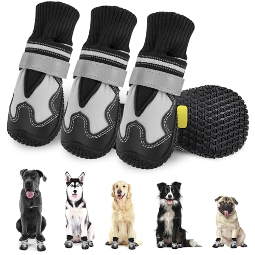 Eyein Hundeschuhe Pfotenschutz Winter, 4 Stück wasserdicht Hundeschuhe mit warmem Fleece und hohem Design, rutschfeste Hunde Schuhe Outdoor mit reflektierendem Klettverschluss, Größe 5 von Eyein