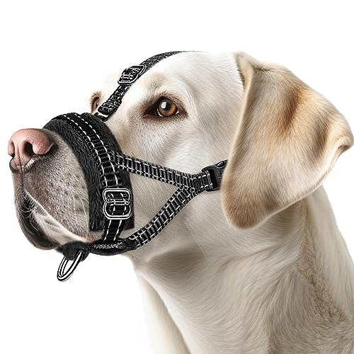 Eyein Maulkorb für Große Hunde, Verstellbarer Reflektierender Nylon Maulkorb für Hunde mit Verbindungsgurt, Hunde können hecheln und Trinken, Verhindert das Beißen, Bellen und Kauen (Schwarz, XL) von Eyein