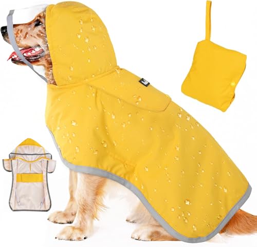 Eyein Wasserdichter Hunderegenmantel, Regenmantel für Große Hunde mit Kapuze und weichem Futter, Verstellbare Hunderegenjacke mit reflektierenden Streifen für Spaziergäng, Winddicht und leicht, XXXL von Eyein