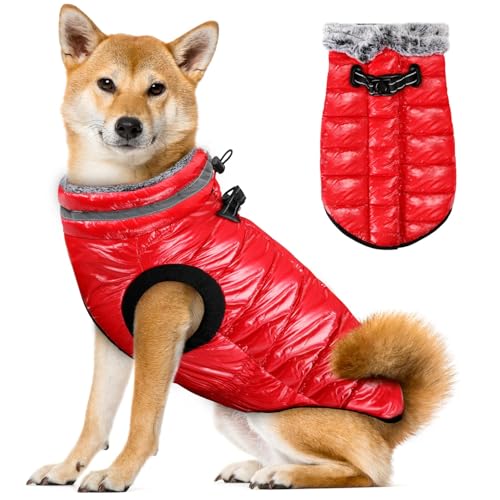 Eyein Wasserdichter Hundemantel mit Geschirr, Fleece Rollkragen Warme Hundewinterjacke mit doppeltem Reißverschluss, reflektierende Hundeschneejacke für kleine mittlere große Hunde, Rot, M von Eyein