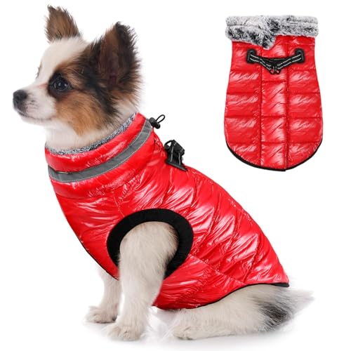 Eyein Wasserdichter Hundemantel mit Geschirr, Fleece Rollkragen Warme Hundewinterjacke mit doppeltem Reißverschluss, reflektierende Hundeschneejacke für kleine mittlere große Hunde, Rot, S von Eyein