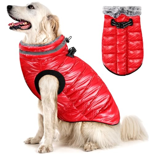 Eyein Wasserdichter Hundemantel mit Geschirr, Fleece Rollkragen Warme Hundewinterjacke mit doppeltem Reißverschluss, reflektierende Hundeschneejacke für kleine mittlere große Hunde, Rot, XL von Eyein