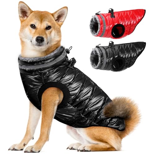 Eyein Wasserdichter Hundemantel mit Geschirr, Fleece Rollkragen Warme Hundewinterjacke mit doppeltem Reißverschluss, reflektierende Hundeschneejacke für kleine mittlere große Hunde, Schwarz, L von Eyein