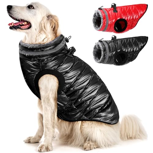 Eyein Wasserdichter Hundemantel mit Geschirr, Fleece Rollkragen Warme Hundewinterjacke mit doppeltem Reißverschluss, reflektierende Hundeschneejacke für kleine mittlere große Hunde, Schwarz, XXL von Eyein