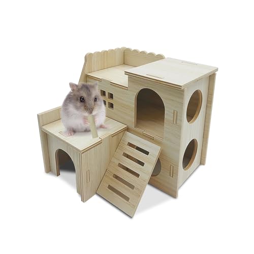 Eyksta Hamster Haus aus Holz Mehrkammernhaus Hamsterhaus Spielzeug Hamster Versteck Zwerghamster Zubehör (14.5 * 15.5 * 14) von Eyksta