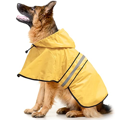 Ezierfy Hunde-Regenmäntel mit Kapuze – Reflektierender Verstellbarer Haustier-Regenmantel, Leichter Hund wasserdichter Regenmantel, Zupfponcho mit Leinenloch für kleine, große Hunde (Gelb, XL) von Ezierfy