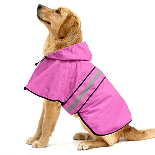 Ezierfy Reflektierender Hunde-Regenmantel – wasserdicht, verstellbare Haustier-Regenjacke, leichter Hundeponcho mit Kapuze, Regenmantel für kleine bis xgroße Hunde und Welpen (Rosa, L) von Ezierfy