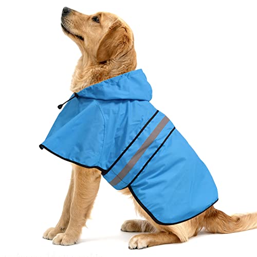 Ezierfy Wasserdichter Hunderegenmantel mit Kapuze – verstellbare reflektierende Haustierjacke, leichter Hunde-Zupf-Poncho für kleine bis XL Hunde und Welpen (blau, groß) von Ezierfy