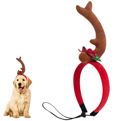 Weihnachts-Rentier-Hunde-Stirnband, Hundegeweih-Stirnband, 2024, Weihnachts-Hundekostüm für kleine, mittelgroße Hunde, Zubehör, Rentiergeweih, Stirnband Hund mit verstellbarem Gummiband (Braun, L) von Eznaobo