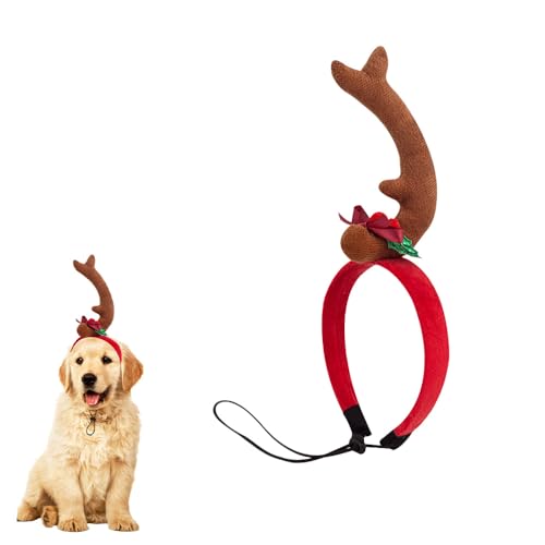 Weihnachts-Rentier-Hunde-Stirnband, Hundegeweih-Stirnband, 2024, Weihnachts-Hundekostüm für kleine, mittelgroße Hunde, Zubehör, Rentiergeweih, Stirnband Hund mit verstellbarem Gummiband (Braun, S) von Eznaobo